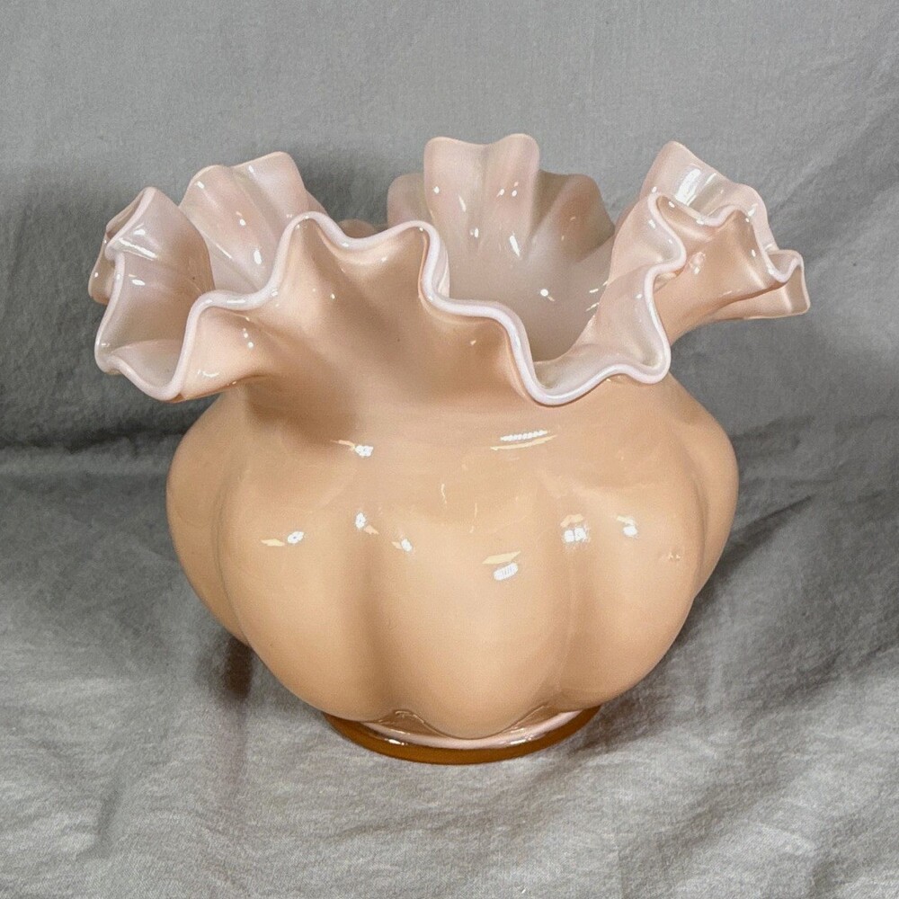 * Vintage Fenton Rose peach Overlay Melon Vase Double Crimped Ruffled Rose Bowl